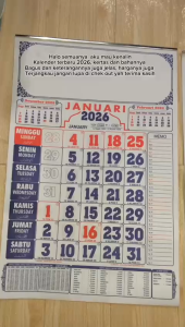 Kalender tahun 2026 lengkap 12 Lembar / Kalender Dinding Jumbo 48x32cm Besar