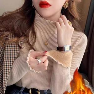 เสื้อสเวตเตอร์คอปกปิดหนาแบบหนาสำหรับผู้หญิง ฤดูใบไม้ร่วง/ฤดูหนาว เสื้อชั้นในบุขนแกะ ดีไซน์เก๋ไก๋ เสื้อถักคอตตอนแบบสวมหัว