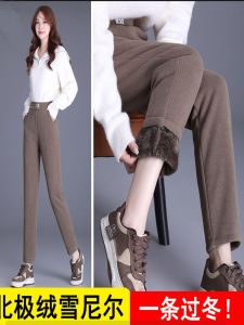 กางเกงขายาวทรงหลวมเอวสูงบุขนแกะหนา ทรงสลิมฟิต ทรงฮาเร็ม สำหรับคุณแม่ ฤดูใบไม้ร่วง/ฤดูหนาว กางเกงขายาวทรงตรง ทรงหลวม อบอุ่น กระชับสัดส่วน