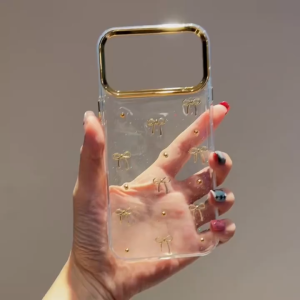 3D Embellished Gold Bow Transparent Resin Phone Case for iPhone 11 12 13 14 15 16 17 Pro Max Plus Air Casing Anti-fall Cover for iPhone 13 Case