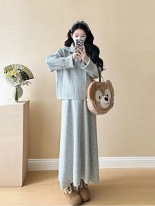 Pregnant Mothers Wear Wear ~ Pregnant Women Suit Autumn and Winter Lazy Casual Polo Collar Knitting Sweater Temperament Skirt Two-piece Set