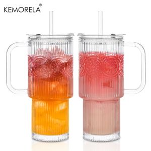 【COD/Ships from Bulacan】500ML Sunflower Glass Tumbler with Handle Lid 1/2/PCS Large Iced Coffee Cups with Stainless Steel Straw Modern Glass Mug for Cold Hot Beverages