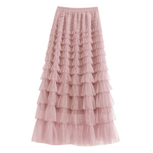 White Miniature Layered Cake Skirt Half Skirt Womens Mid-Length A-Line Tulle Puffy Skirt Korean Style Commute Pure Color