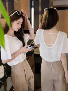Womens Ice Silk Short Sleeve T-Shirt Hollow out Backless Thin Design Summer Loose Fit round Neck Top Korean Style Casual Wear