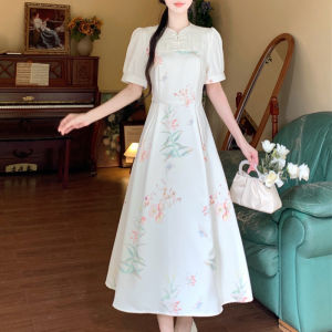 New Chinese Style Reformed Cheongsam Floral National Trend Dress Women Summer Large Size Elegantly Gentle Han Elements Long Skirt