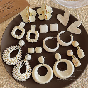 Elegant White Flower Stud Earrings Womens Fashion round Face Slimming Ear Jewelry Korean Style Fresh out Spring Summer