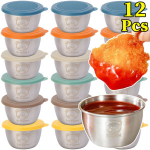 12 ชิ้น ถ้วยซอสปรุงรสสแตนเลส พร้อมฝาซิลิโคน / ภาชนะใส่ซอสป้องกันการรั่วซึมลายหมี / ถ้วยซอสแบบใช้ซ้ำได้สำหรับกล่องเบนโตะอาหารกลางวัน