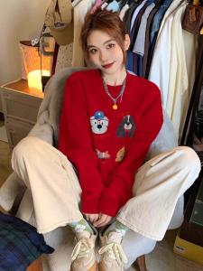 Áo Nỉ Dày Màu Đỏ American plus Size Dành Cho Nữ Dáng Rộng Cổ Tròn in Họa Tiết Hoạt Hình Mặc Đi Làm Thường Ngày Mùa Đông