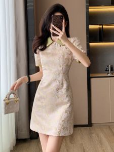 Váy Dài Chữ a Cạp Cao Mùa Hè Mới Kiểu Trung Hoa Cổ Điển Thanh Lịch Váy Ngắn Tay Ngắn Họa Tiết Hoa Cho Nữ