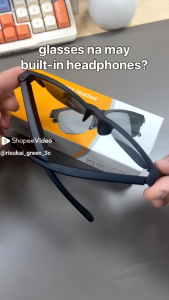 Black sunglasses with Bluetooth features. Long press to power on. Open ears. Call via Bluetooth. Play music. Built-in speaker.
