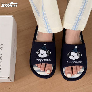 Indoor Cotton Linen Slippers Anti-Slip Sweat Absorbent Men Women Spring Summer Cute Dog Couple Stripe Home Slippers