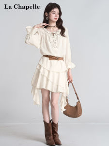 La Chapelle | Off-Shoulder Long Sleeve Sun Protection Blouse Floral Hem Short Skirt Two-piece Set
