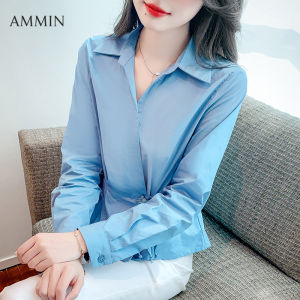 Ammin 2023 Mùa Thu Mới Đơn Giản Ve Áo Thời Trang Retro Đĩa Nút Xuống Eo Thiết Kế Tay áo dài áo voan Nữ phong cách Hàn Quốc phong cách Ngắn Màu Trơn Áo Blouse thanh lịch
