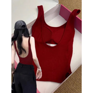 Red U-Neck Backless Sports Bra Top for Women Summer Minimalist Style Slim Fit Work Clothing with Chest Pad