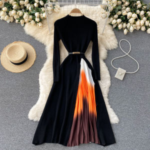 Elegant French Hepburn Style Knitted Gradient Color Pleated Slimming Waist Maxi Dress Womens Autumn New Style Long Sleeve A-Line Skirt