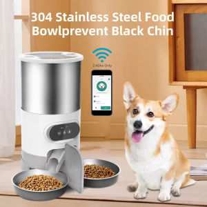 DUDU Pet 4.5L Stainless Steel Double Bowl Smart 4 Meals Quantitative Timed Cat Food Dispenser for 2 Cats and Dogs Pet Feeder with 2-Way Splitter Meals Portion Control Voice Recorder Dual Power