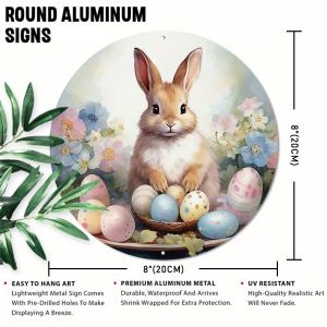 CIFbuy | Vintage Easter Bunny Round Metal Tin Sign Spring Floral Eggs Wall Decor for Home