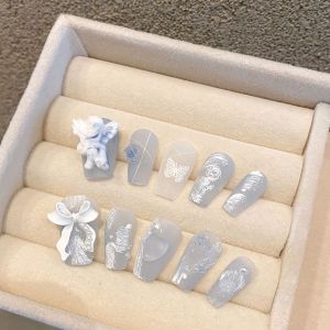 Haze Blue Plaster Angel Rose Beauty Hand-Worn Nail White Manicure Long Nail Patch 2024 New Arrival