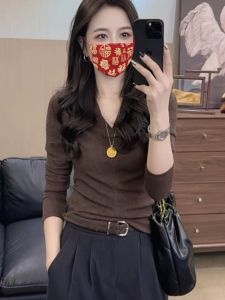 Long Sleeve V-Neck T-Shirt Womens Autumn New Korean Style Fashion Simple Personality Match Slim Fit Base Shirt Inner Wear Top