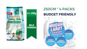 Famous Daily Milk Softpack 4 x 250g (1 KG) (Instant Full Cream Milk Powder / Segera Susu Tepung Penuh Krim) (Yogurt/Baking/Cheese) DiJamin Halal