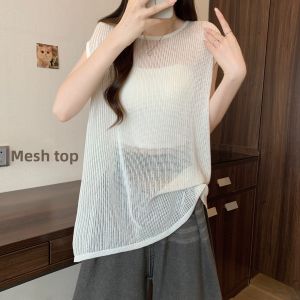 AIYITI | Summer Thin Hollow Out Vest Cover Up Knitted Ice Silk Loose Fitting Sleeveless Womens Plus Size Clothing Belly Cover Top