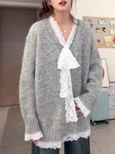 Gray Lace Lace-up Lazy Relaxed Feeling Pullover Sweater Female Fall and Winter False Two-Piece Patchwork Mid Length Long Length Knitting Tops