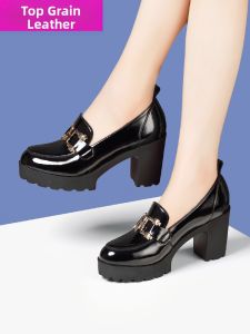 Waterproof Platform Mid-Heel Leather Loafers Thick Sole Patent