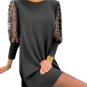 ชุดเดรสทรงหลวมคอวีสีพื้นหรูหราสำหรับงานปาร์ตี้ในฤดูร้อน กระโปรงสั้นแขนสั้นผ้าโพลีเอสเตอร์ ความยาวปานกลาง