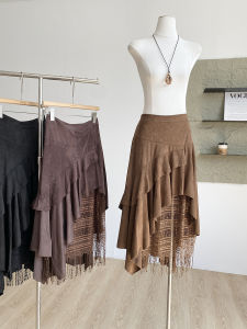 French Vintage A-Line Pleated Skirt Womens Fashion Lace Splicing Long Dress Asymmetrical Design High Waist Polyester Fiber