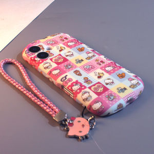 Cute Pink Plaid KT Cat Compatible Apple 16 pro Max Protective Case Full Cover Elliptical Frosted Silicone Anti-Fall Shell