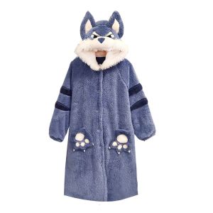 Big Gray Wolf Pajamas Womens Autumn and Winter Cartoon Rabbit Nightgown Hooded Coral Fleece Thickened Couple Homewear Suit Men