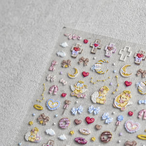 1Pcs Cute Mini Bear Angel Bowknot Nail Stickers 5D Soft Embossed Adhesive Nail Art Stickers Lovely Bunny  Manicure Decora Decals