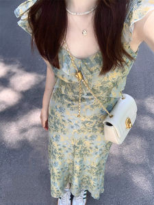 Beach Vacation Floral Print Mini Dress Womens Summer 2025 New Style Tea Break Orange Dandelion French Long Skirt Sweet Japanese Style