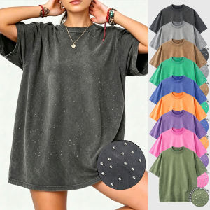 Summer Womens Diamond Cotton Washed T-shirts Vintage Short Sleeve Tops Casual O-Neck Oversized Tees Y2k Fashion Woman Clothes