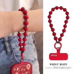 Handmade Short Phone Strap Womens Fashionable Long Crossbody Chain Lightweight Luxury Trendy Red Bead Laser round Ball Hanging Chain