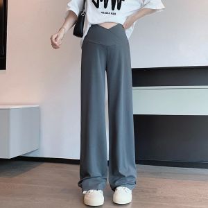 Quần Ống Rộng Mùa Hè Cho Bà Bầu Quần Dài Thường Ngày Mùa Xuân Thu Quần Bó Sát Eo Cao Bằng Vải Cotton Pha Trộn