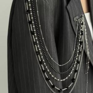 Ingemark | Ingemark Personality Black Stone Crystal Beads Long Brooches Women Vintage Multi-layer Tassel Chain Shirt Suit Collar Pin Clip