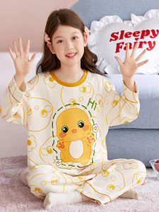Childrens Pure Cotton Long Sleeve Pajamas Spring Autumn Cartoon Home Clothes Thin Air Conditioning Set for Girls with Drawstring