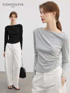 Off-Shoulder Irregular Pleated Waist-Cinching Slim Fit T-Shirt