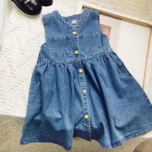 Summer Kids Fashion New Solid Color Sleeveless Single Breasted A-Line Dress 1 Pc 2-6 Years Girls Simple Casual Clothes