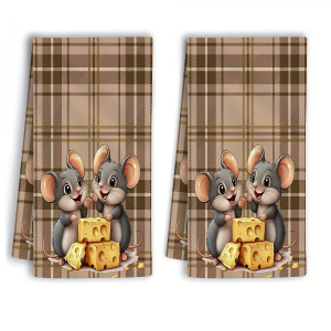 2-Pack Brown Checkered Mouse Cheese Kitchen Towels Dish Towels Hand Towels Holiday Decorative Hand Towels Soft Absorbent Drying Cloths Kitchen Decor Table Decor Kitchen Supplies Home Decor