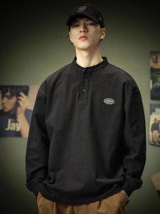 American Casual Long Sleeve Polo Shirt Mens Spring Autumn Loose Layering Henry Collar Sweatshirt Trendy Brand Polyester Fiber