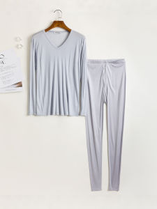 Men Silk Intimates Suit Detachable Mulberry Silk V Neck Long Sleeves Gray Trousers Bottoming Shirt Home Wear Suit