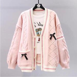 เสื้อสเวตเตอร์ถักผู้หญิง ทรงคาร์ดิแกน คอวี แขนยาว ปกโปโล ทรงหลวม ปกโปโล แขนยาว ปกโปโล เสื้อผ้าทำงาน ฤดูใบไม้ผลิ ฤดูใบไม้ร่วง