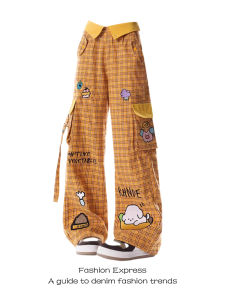 American Cartoon Embroidered Plaid Yellow Workwear Casual Pants Womens Loose Slim Straight Floor-Length Trousers