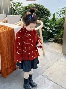 Snake Year New Year Outfit Childrens Traditional Chinese Style Red Polka Dot Cotton Coat Skirt Set Winter Clothes for Girls
