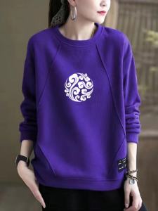 Autumn and Winter Pure Cotton Round Neck Sweatshirt Women's Plus Size Loose Slimming Long Sleeves All Cotton Fashion Literary Flower Printing Casual Easiest for Match