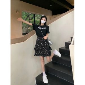 Mid-Waist Summer Floral Print Dress with Short Sleeves and Long Skirt for Women Floral Skirt Style Fake Two-Piece Design Gentle Wind