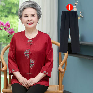 SUPIAN | Silk Shirt Womens Fashionable Round Neck Half Sleeve Summer Clothes For Elderly Ladies Traditional Chinese Grandma Style Loose Fit