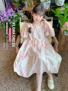 Floral Print Girls Dress Bubble Sleeve Princess Style Cotton Summer Fashionable Childrens Skirt Korean Version Midi Dress